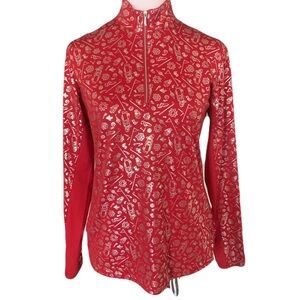 San Soleil XS Red Silver Metallic Quarter Zip Golf Holiday Sporty Athletic Top